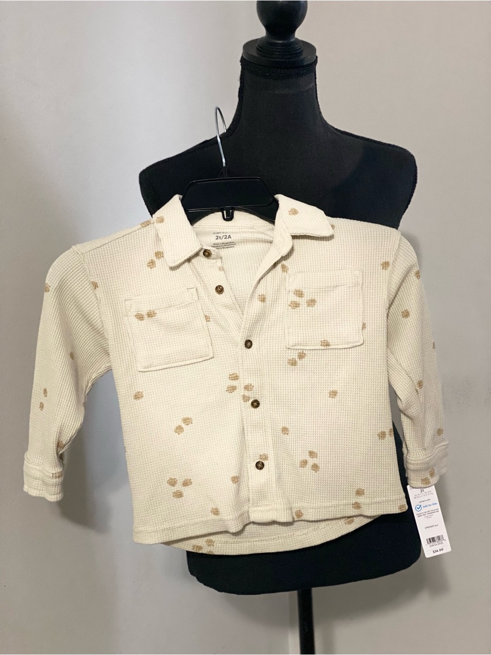 Carter's Cream Waffle-Knit Button-Up Shirt with Tan Dot Print